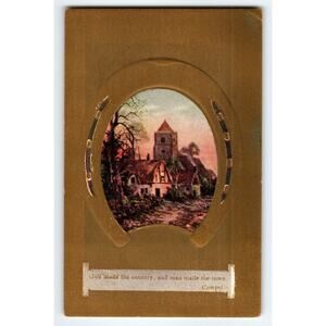 Vintage Embossed Horseshoe Postcard with Cottage & Church Scene